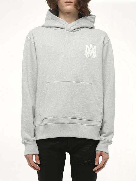 Image of a model wearing Outerwear. Productname: AMIRI MA Core Logo Hoodie in GREY colour by brand - AMIRI
