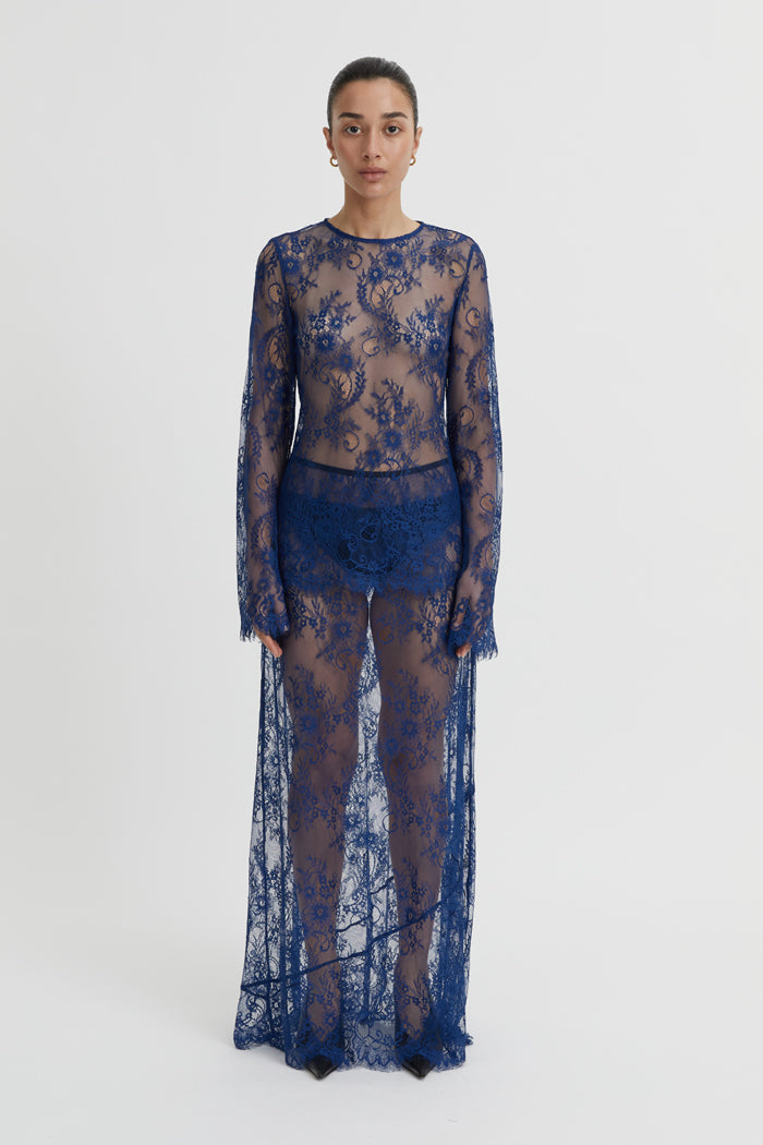 Image of a model wearing Skirts. Product name - Sadie Skirt Navy in Navy colour by brand - Blanca Studio