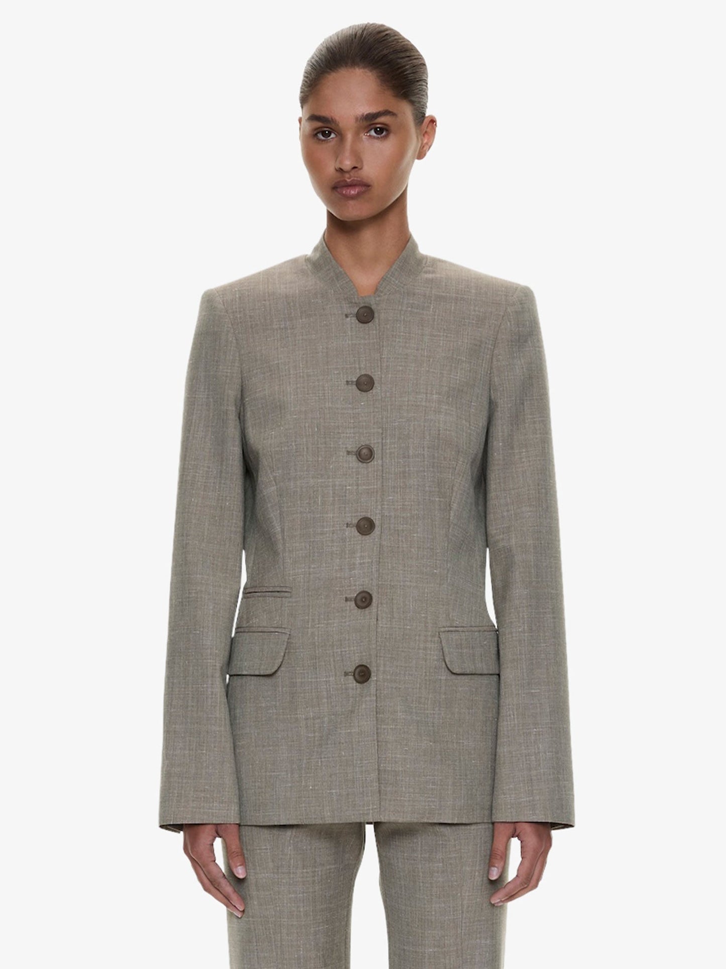 Image of a model wearing Outerwear. Product name - Banyan Blazer in Marle colour by brand - CHRISTOPHER ESBER