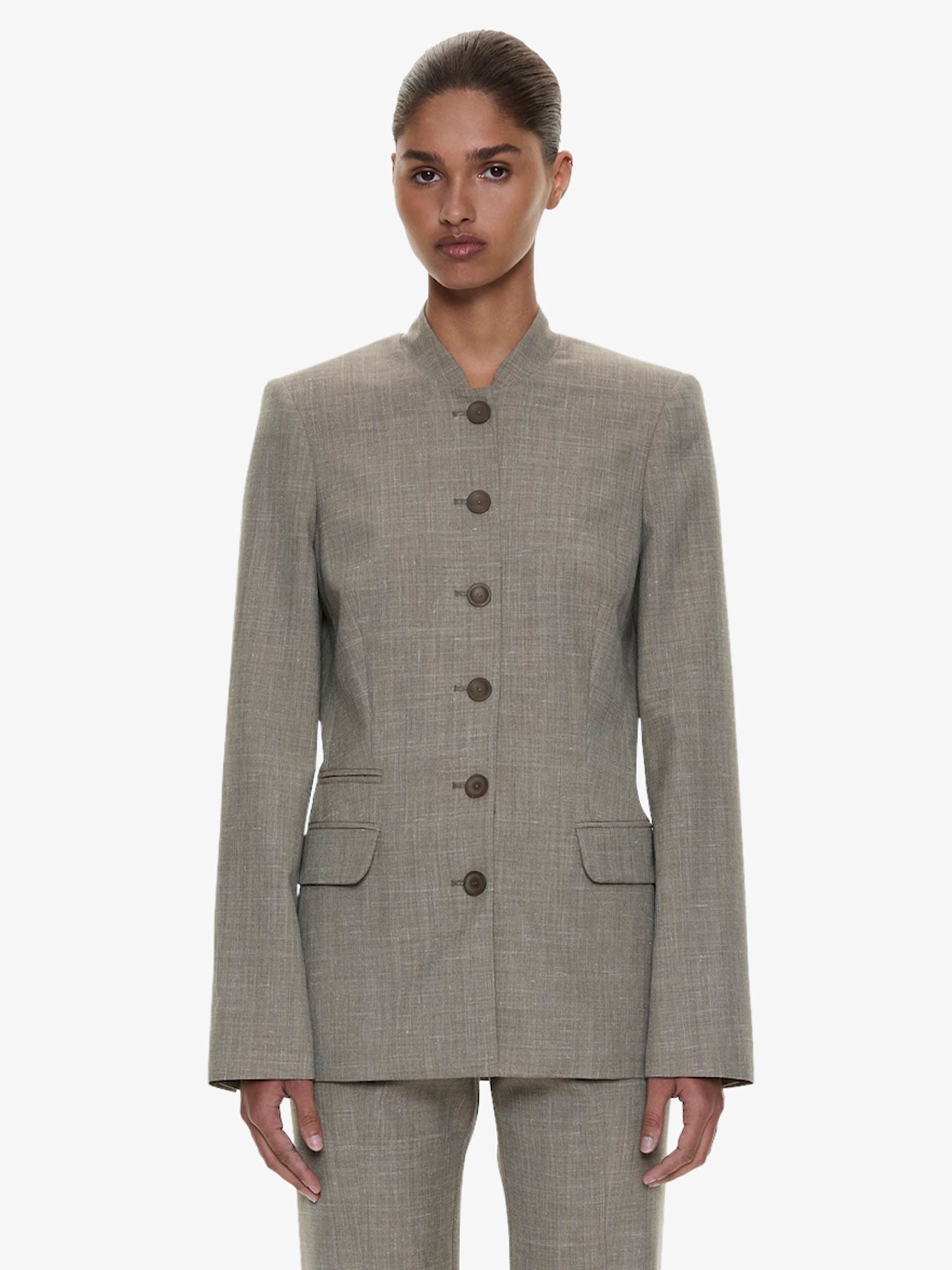 Image of a model wearing Outerwear. Product name - Banyan Blazer in Marle colour by brand - CHRISTOPHER ESBER