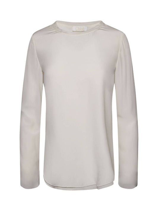 Image of a model wearing Tops. Productname: CHLOE Long Sleeve Top in White colour by brand - CHLOE