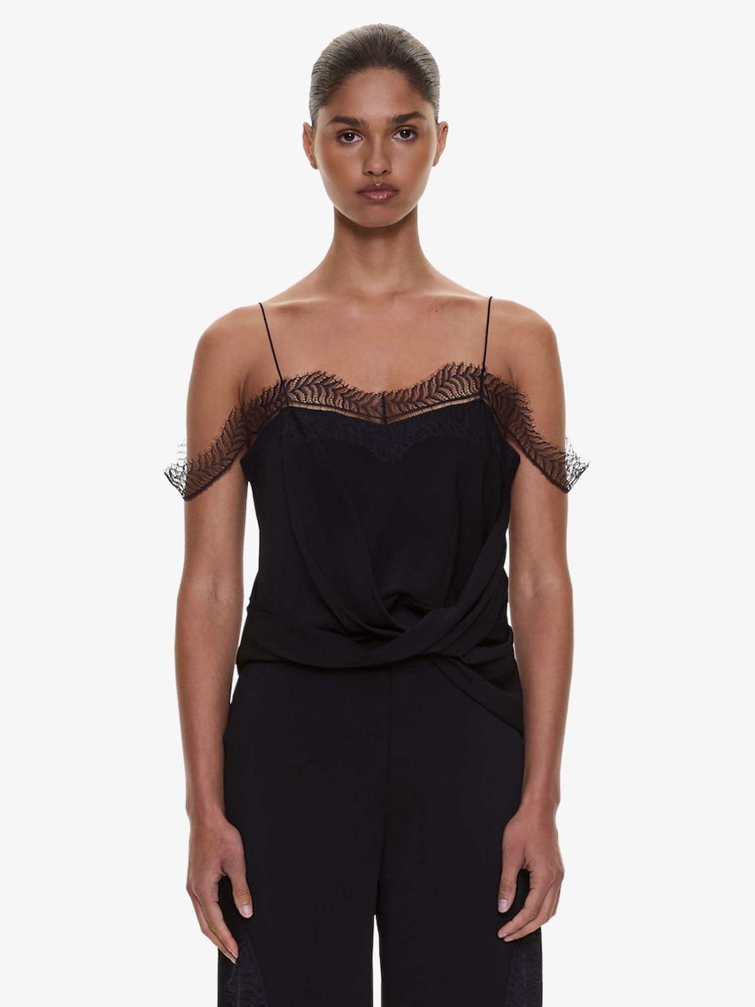Image of Clothing Tops. Product name - Miro Split Lace Draped Cami in Black colour by brand - CHRISTOPHER ESBER