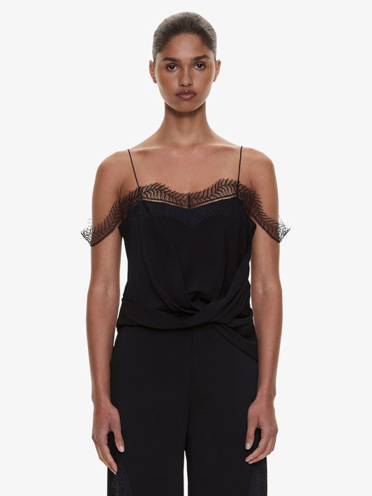 Image of Clothing Tops. Product name - Miro Split Lace Draped Cami in Black colour by brand - CHRISTOPHER ESBER
