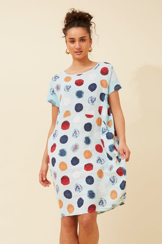 MESSINA POLKA DOT LINEN DRESS (Aqua)