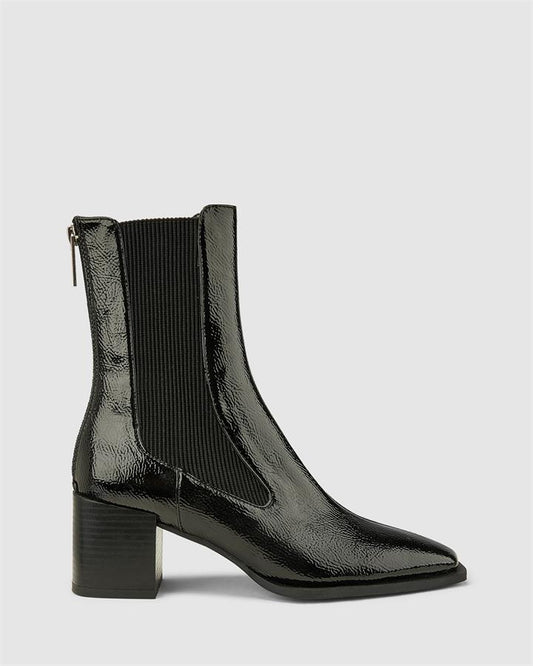 Image of Boots. Product name - Dna Women's Boot Low-Mid Heel Black Patent Novo Boots in Black Patent colour by brand - NOVO