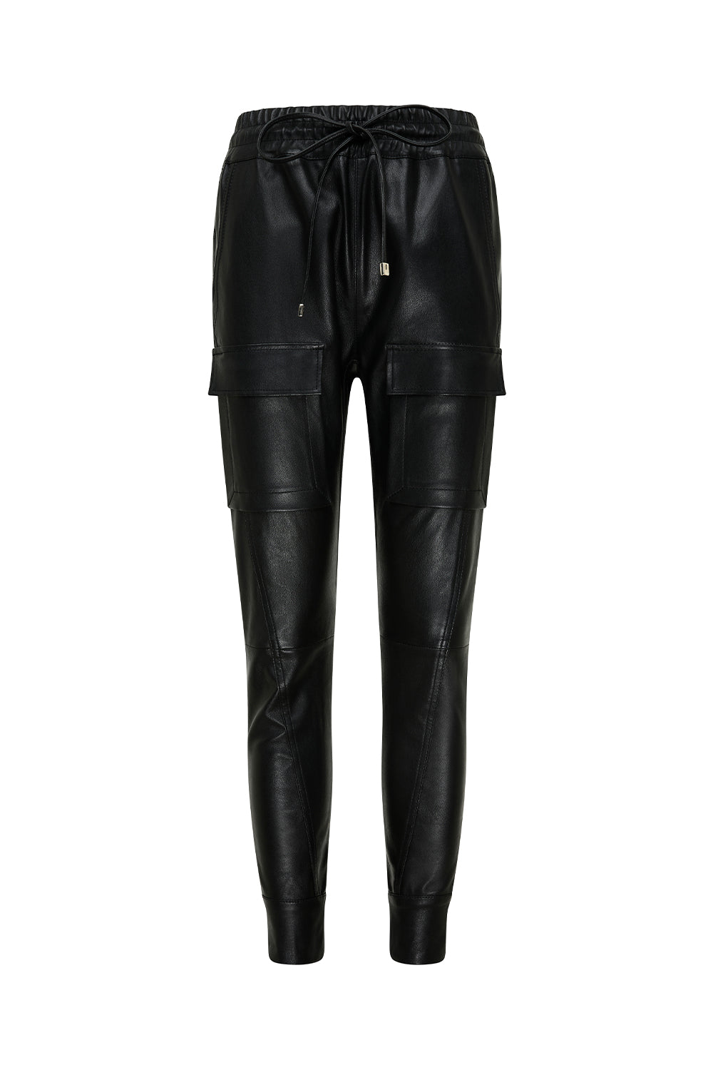 Image of a model wearing Pants. Product name - Open Season Stretch Leather Pant in Black colour by brand - MANNING CARTELL