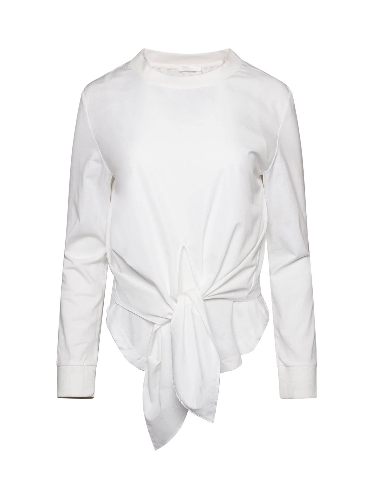 Image of a model wearing Tops. Productname: CHLOE Longsleeve Knot Top in White colour by brand - CHLOE