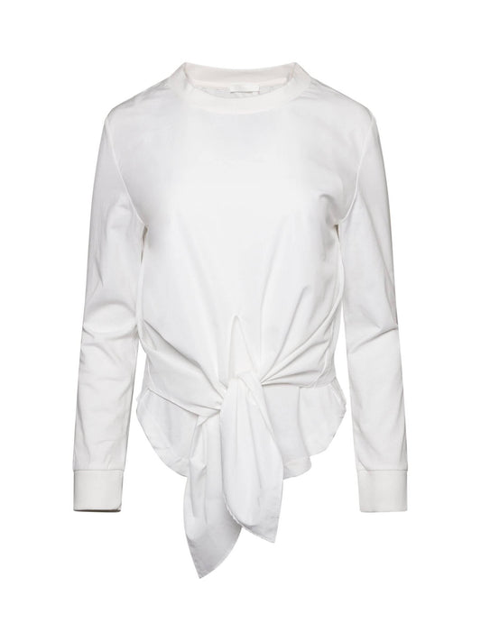 Image of a model wearing Tops. Productname: CHLOE Longsleeve Knot Top in White colour by brand - CHLOE