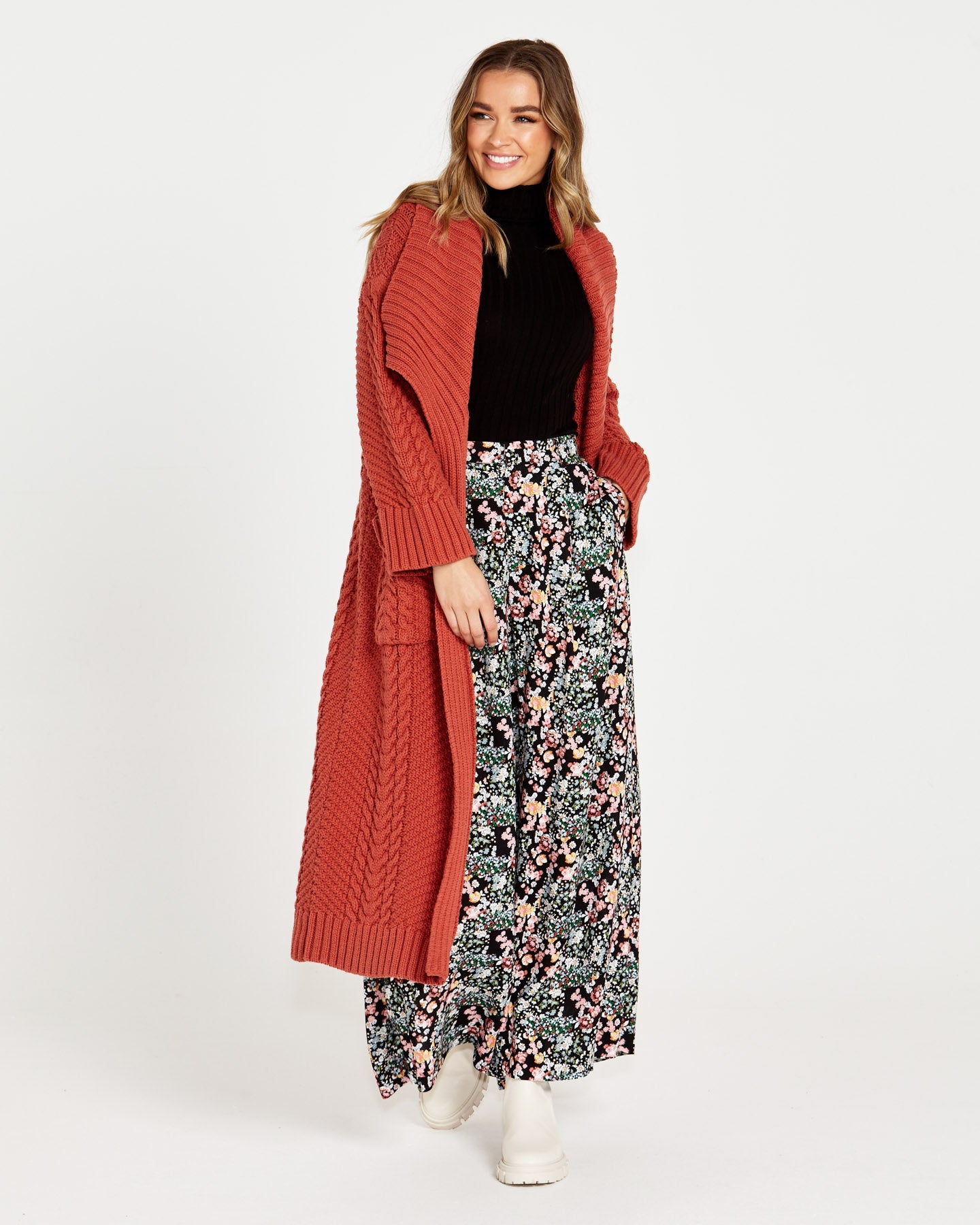 Image of Cardigans. Product name - Jacinta Oversized Cable Knit Cardi Rosewood in Rosewood colour by brand - Sass Clothing