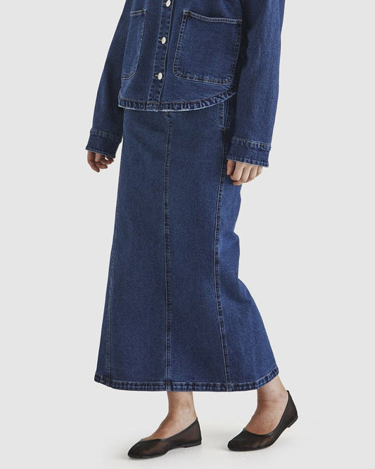 Image of a model wearing Skirts. Product name - Marza Denim Skirt 78 Wash in 78 Wash colour by brand - Sass Clothing