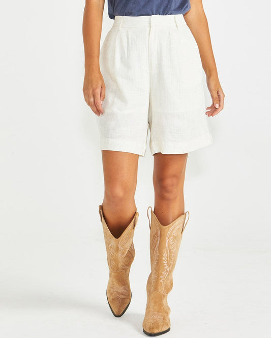 Image of a model wearing Shorts. Product name - Harley Shorts Oatmeal in Oatmeal colour by brand - Sass Clothing