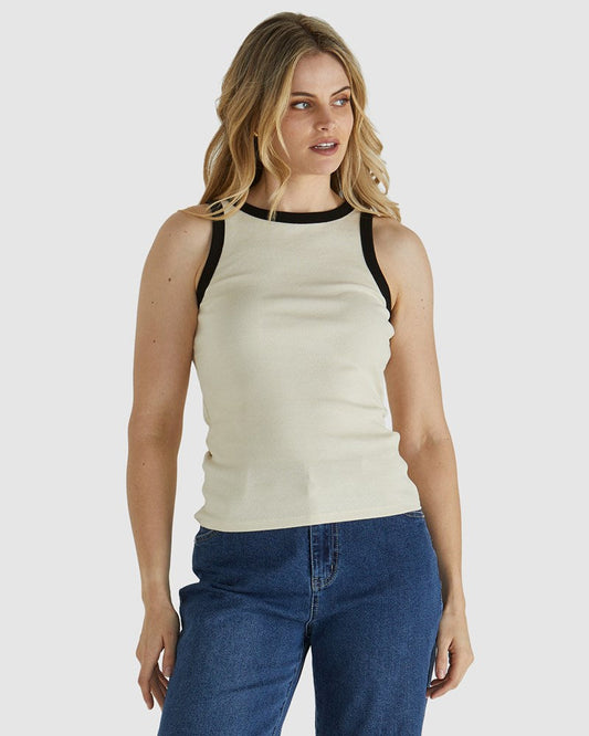 Image of a model wearing Tops. Product name - Noah Rib Tank Bone/Black in Bone/Black colour by brand - Sass Clothing