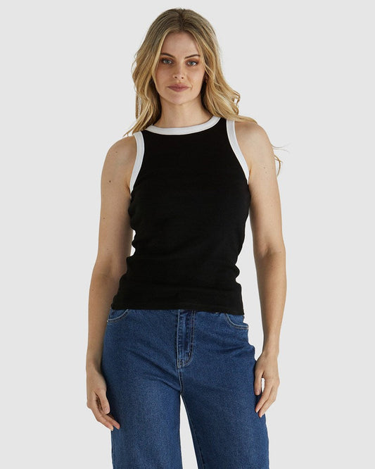 Image of a model wearing Tops. Product name - Noah Rib Tank Black/White in Black/White colour by brand - Sass Clothing