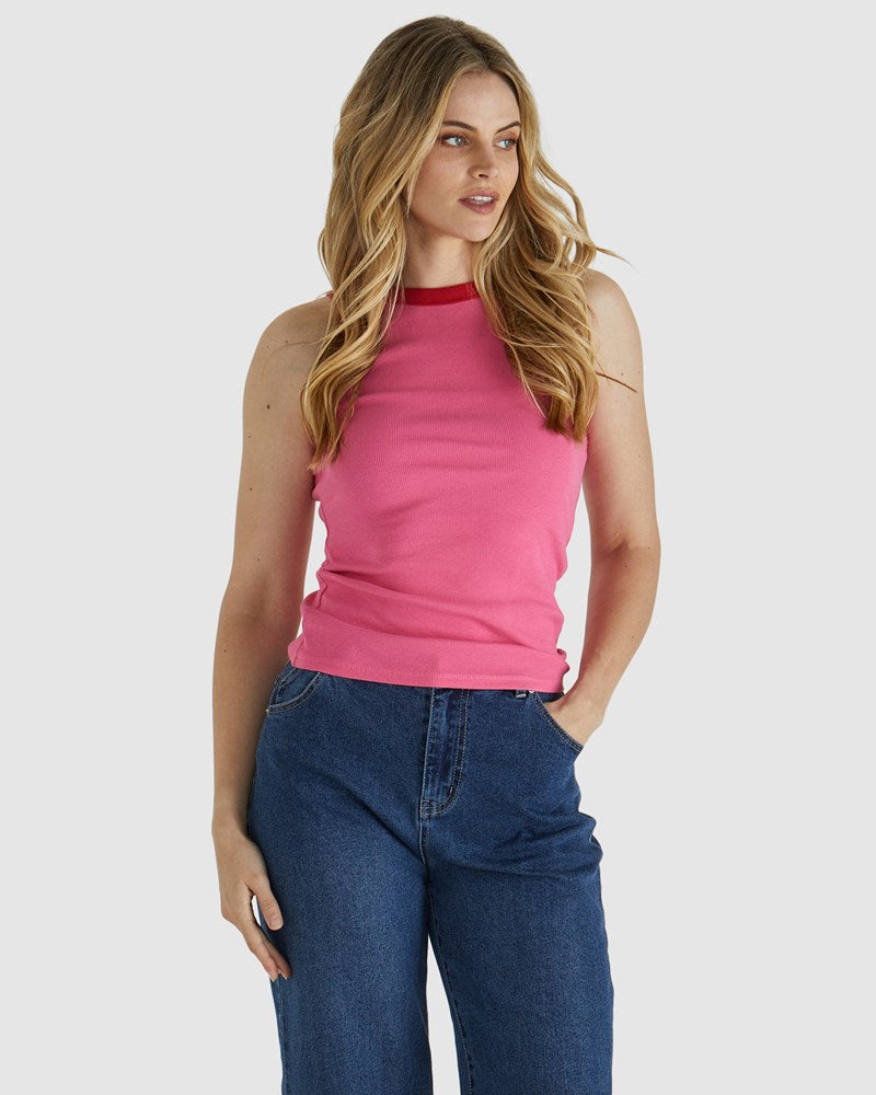 Image of a model wearing Tops. Product name - Noah Rib Tank Pink/Red in Pink/Red colour by brand - Sass Clothing