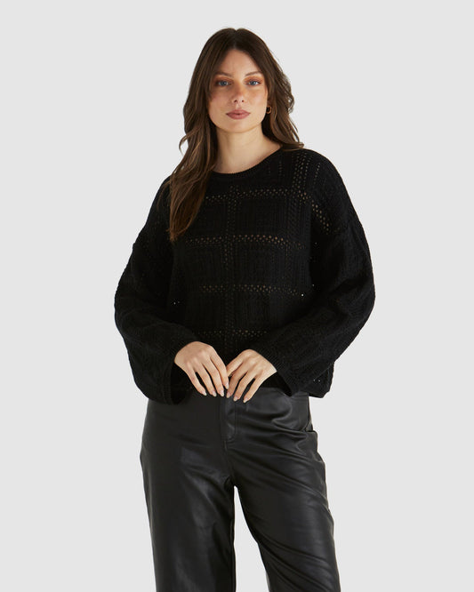 Image of a model wearing Tops. Product name - Marcello Crochet Top Black in Black colour by brand - Sass Clothing