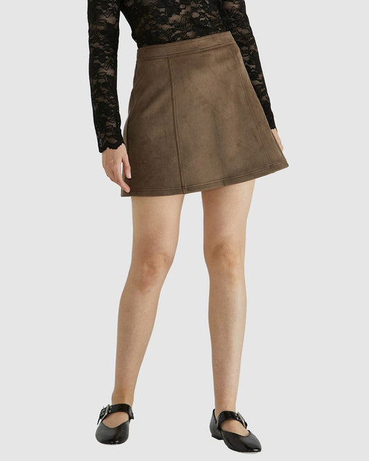 Image of a model wearing Skirts. Product name - Neve Skirt Dark Choc in Dark Choc colour by brand - Sass Clothing