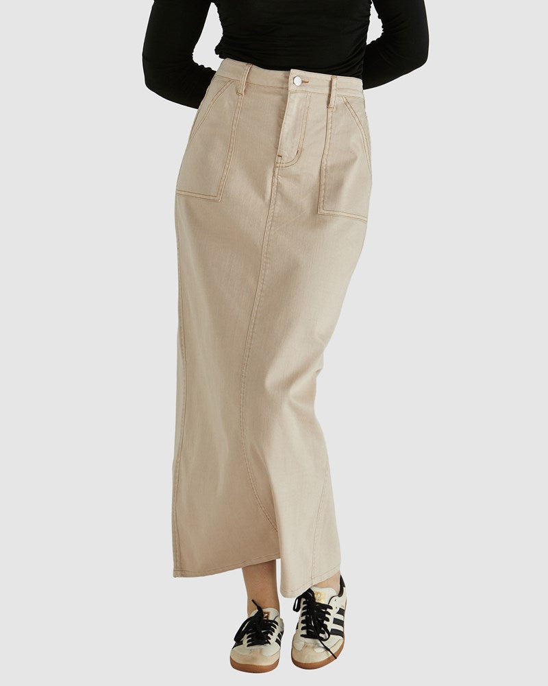 Image of a model wearing Skirts. Product name - Reece Skirt Tan Wash in Tan Wash colour by brand - Sass Clothing