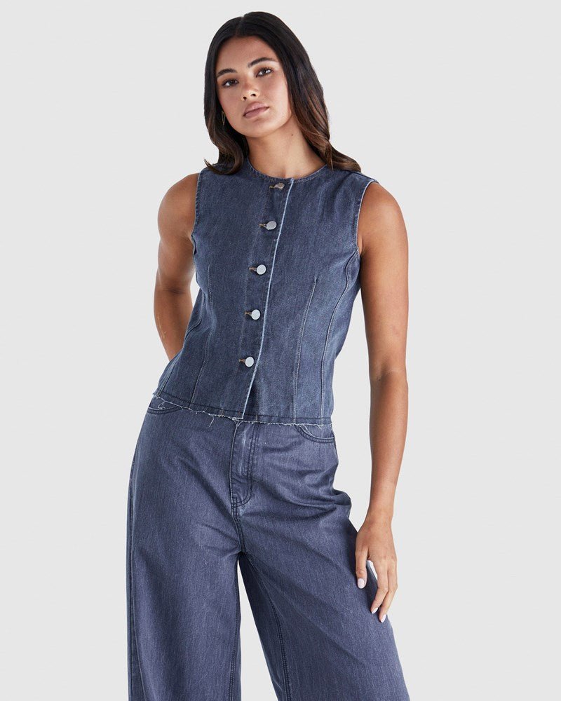 Image of Coats & Jackets. Product name - Ainsley Vest Dark Denim in Dark Denim colour by brand - Sass Clothing