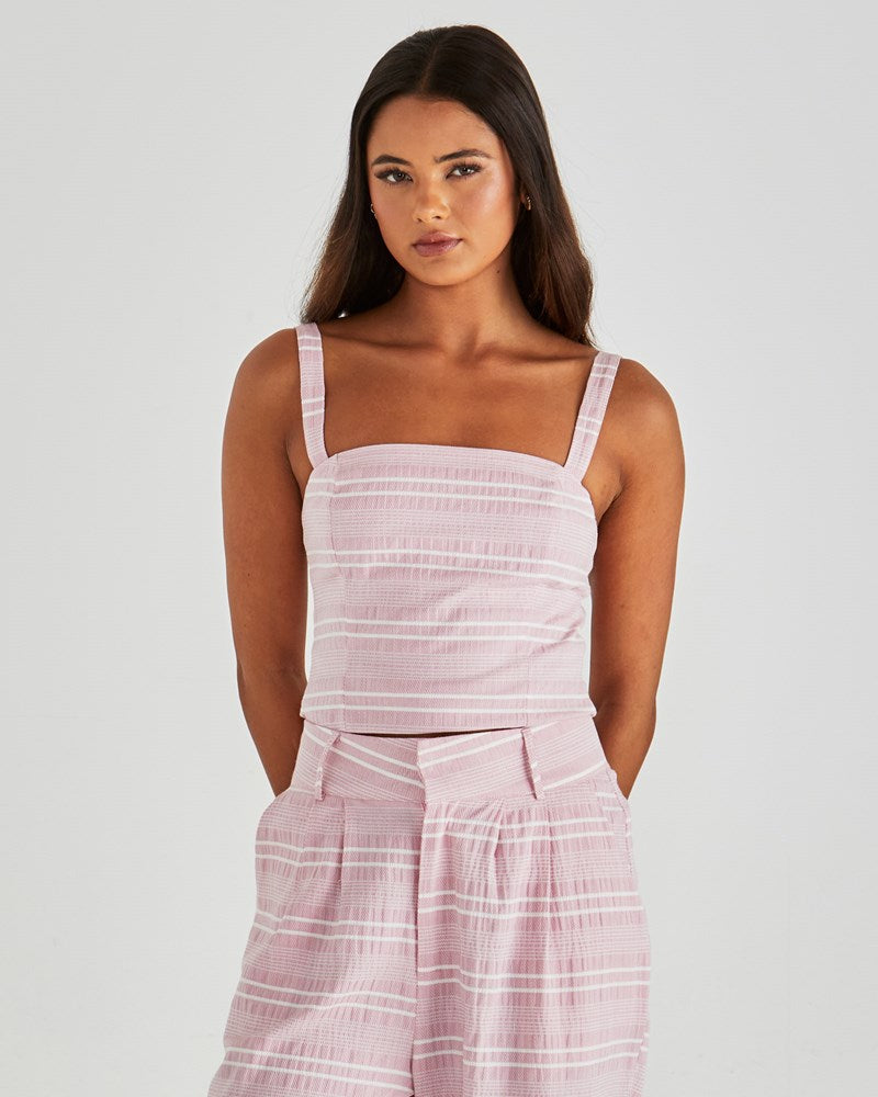Image of a model wearing Tops. Product name - Lea Crop Top Pink Stripe in Pink Stripe colour by brand - Sass Clothing