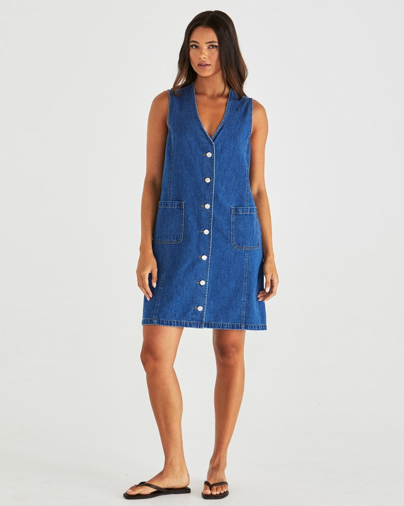 Image of Dresses. Product name - Sabine Denim Vest Dress Mid Blue Wash in Mid Blue Wash colour by brand - Sass Clothing