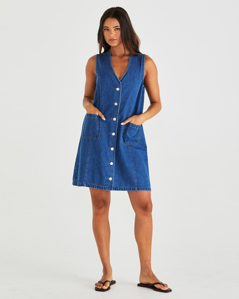 Sass Clothing Sabine Denim Vest Dress (Mid Blue Wash)