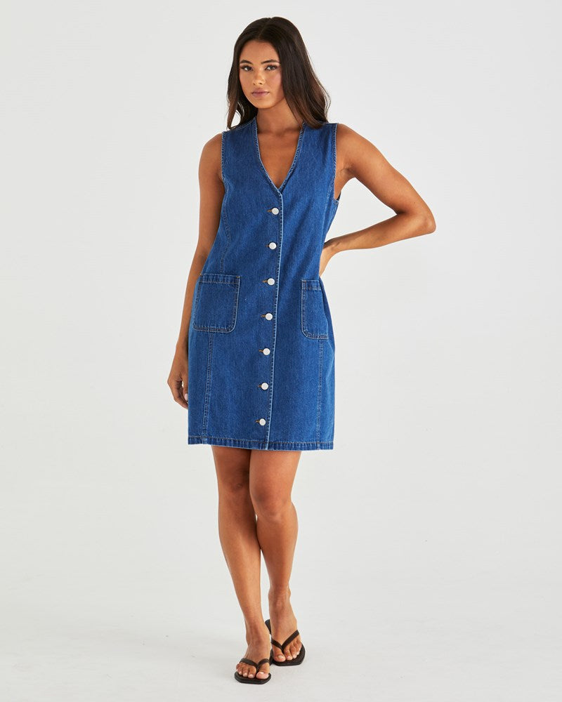 Sass Clothing Sabine Denim Vest Dress (Mid Blue Wash)