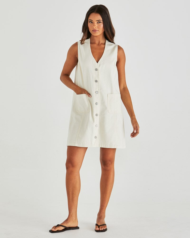 Image of Dresses. Product name - Sabine Denim Vest Dress Parchment Wash in Parchment Wash colour by brand - Sass Clothing