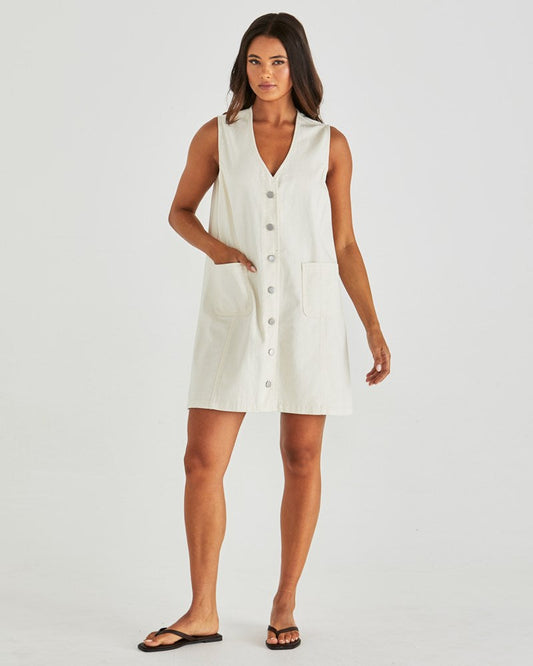 Image of Dresses. Product name - Sabine Denim Vest Dress Parchment Wash in Parchment Wash colour by brand - Sass Clothing