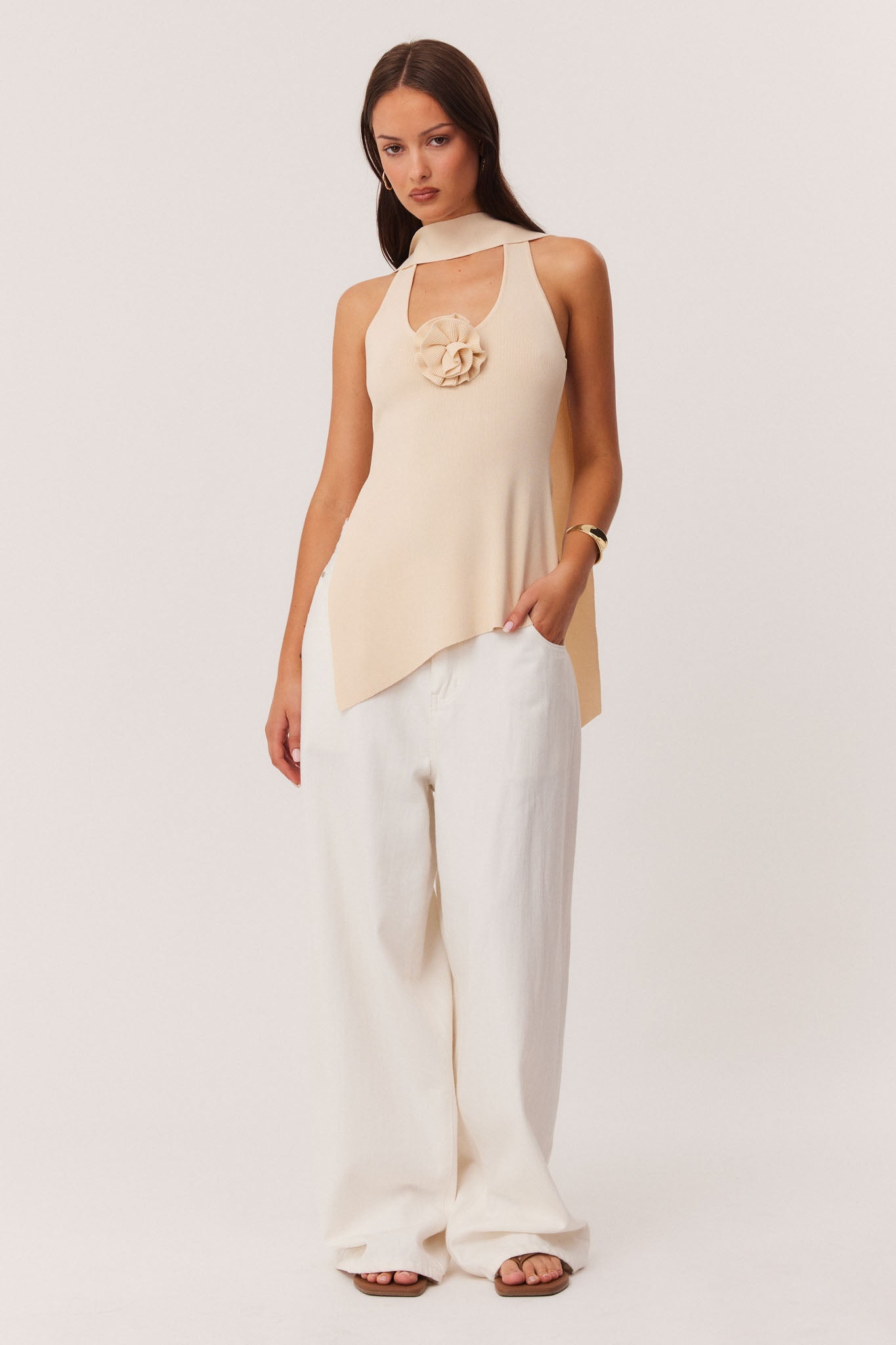Image of a model wearing Tops. Productname: SNDYS NAIA KNIT TOP in Sand colour by brand - SNDYS