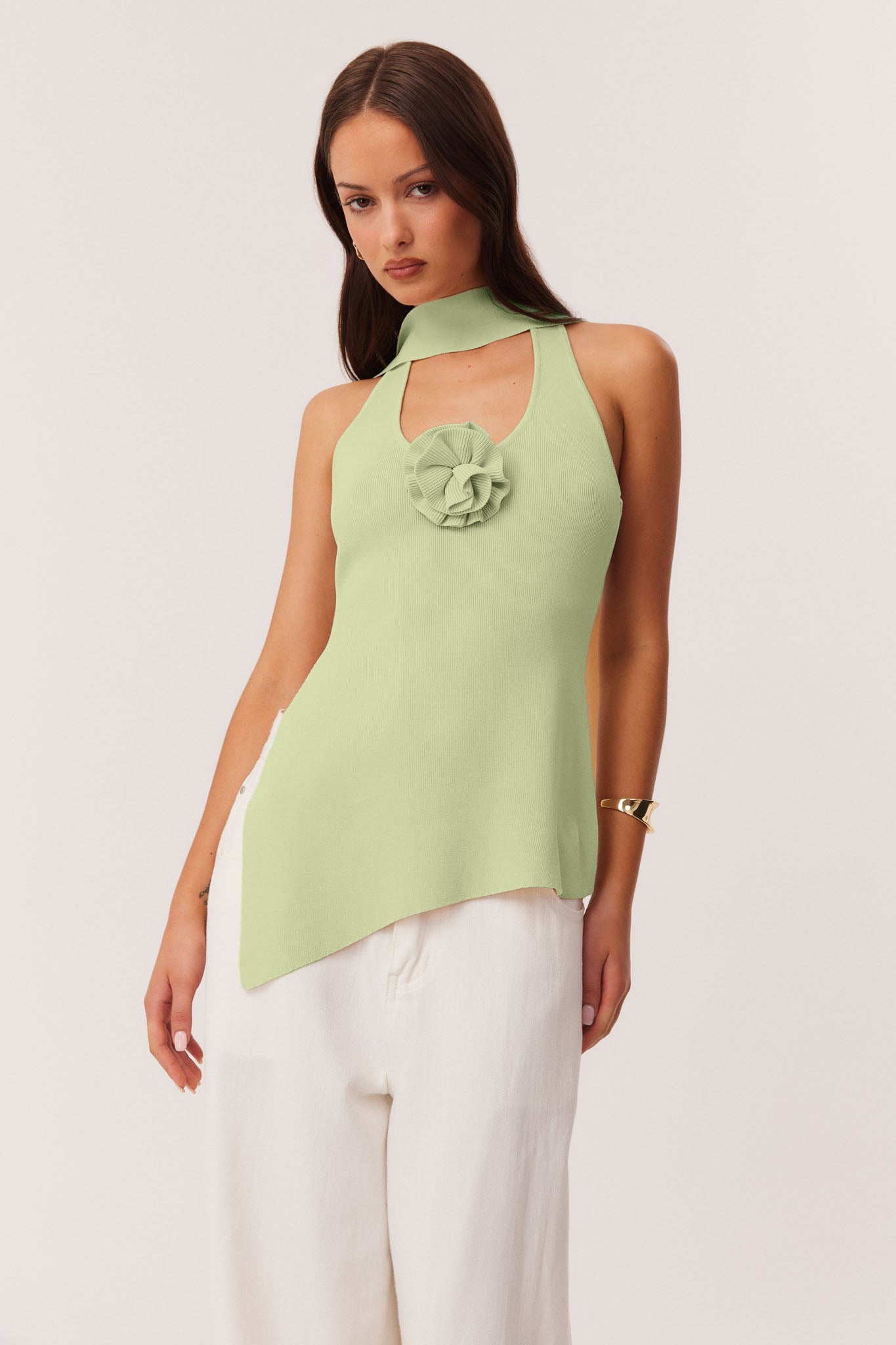 Image of a model wearing Tops. Productname: SNDYS NAIA KNIT TOP in Matcha colour by brand - SNDYS