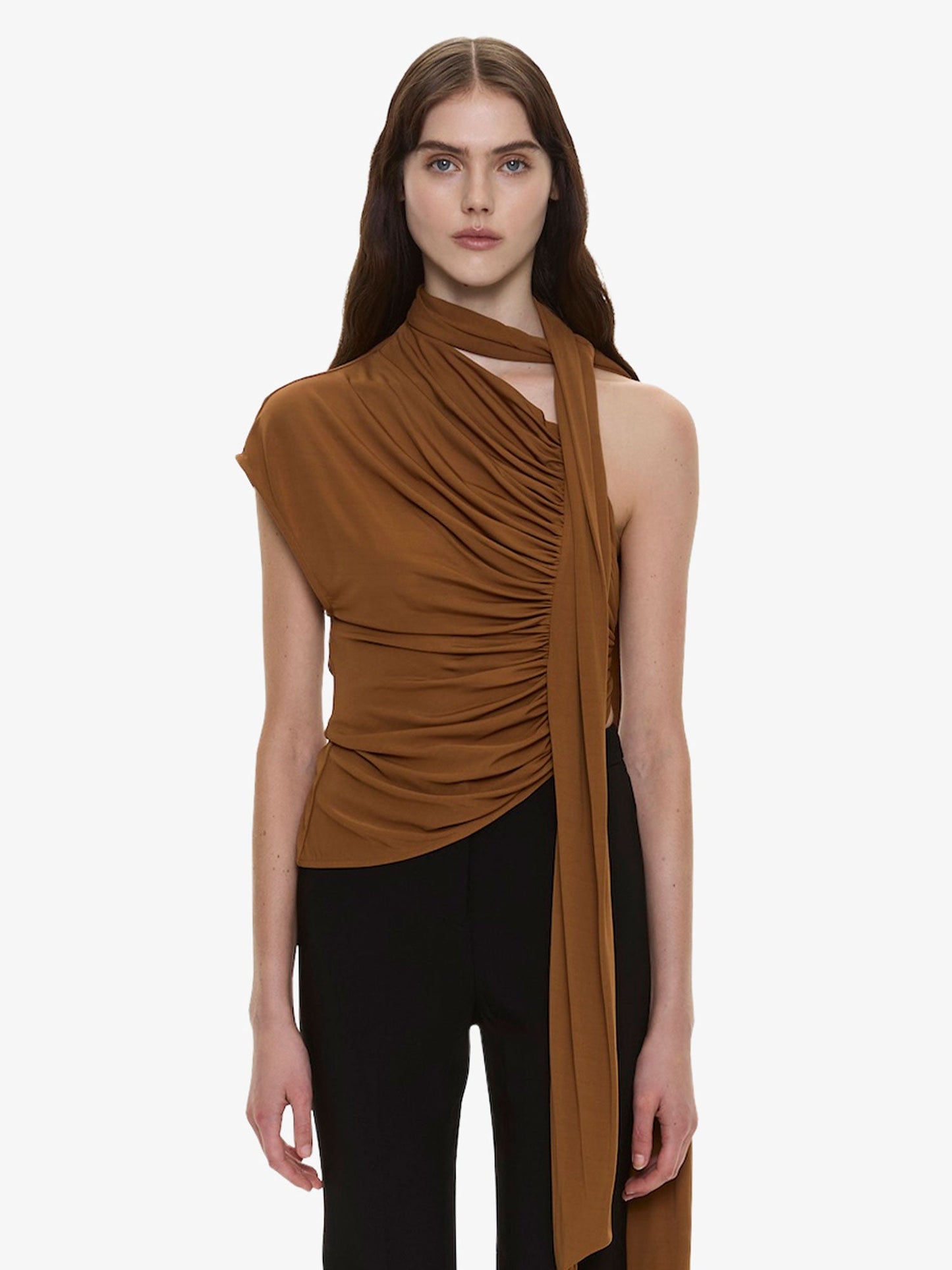 Image of Clothing Tops. Product name - Vienna Jersey Scarf Top in Cognac colour by brand - CHRISTOPHER ESBER