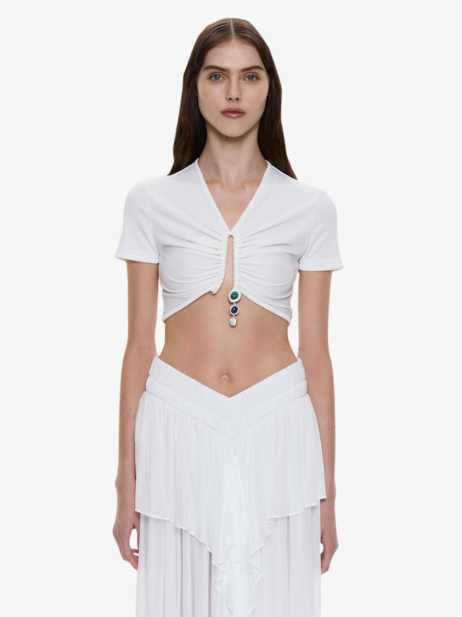 Image of Clothing Tops. Product name - Droplet Crystal Pendant Ruched Tee in White colour by brand - CHRISTOPHER ESBER