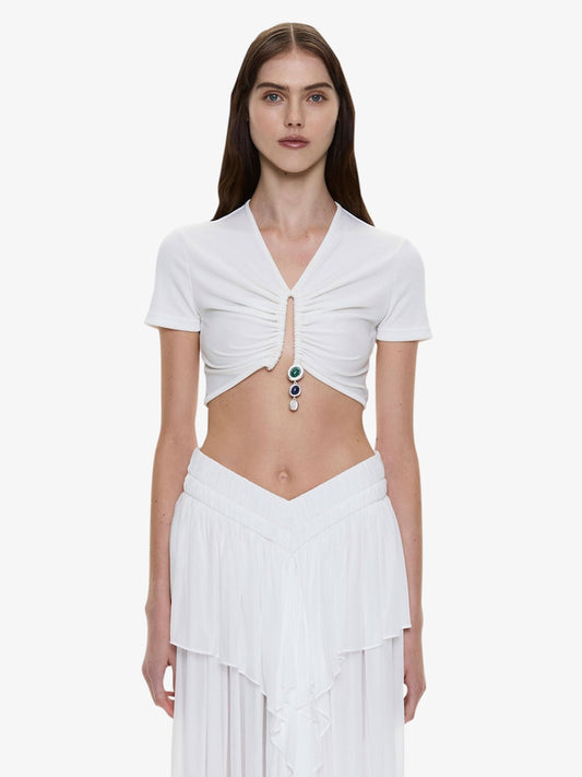 Image of Clothing Tops. Product name - Droplet Crystal Pendant Ruched Tee in White colour by brand - CHRISTOPHER ESBER