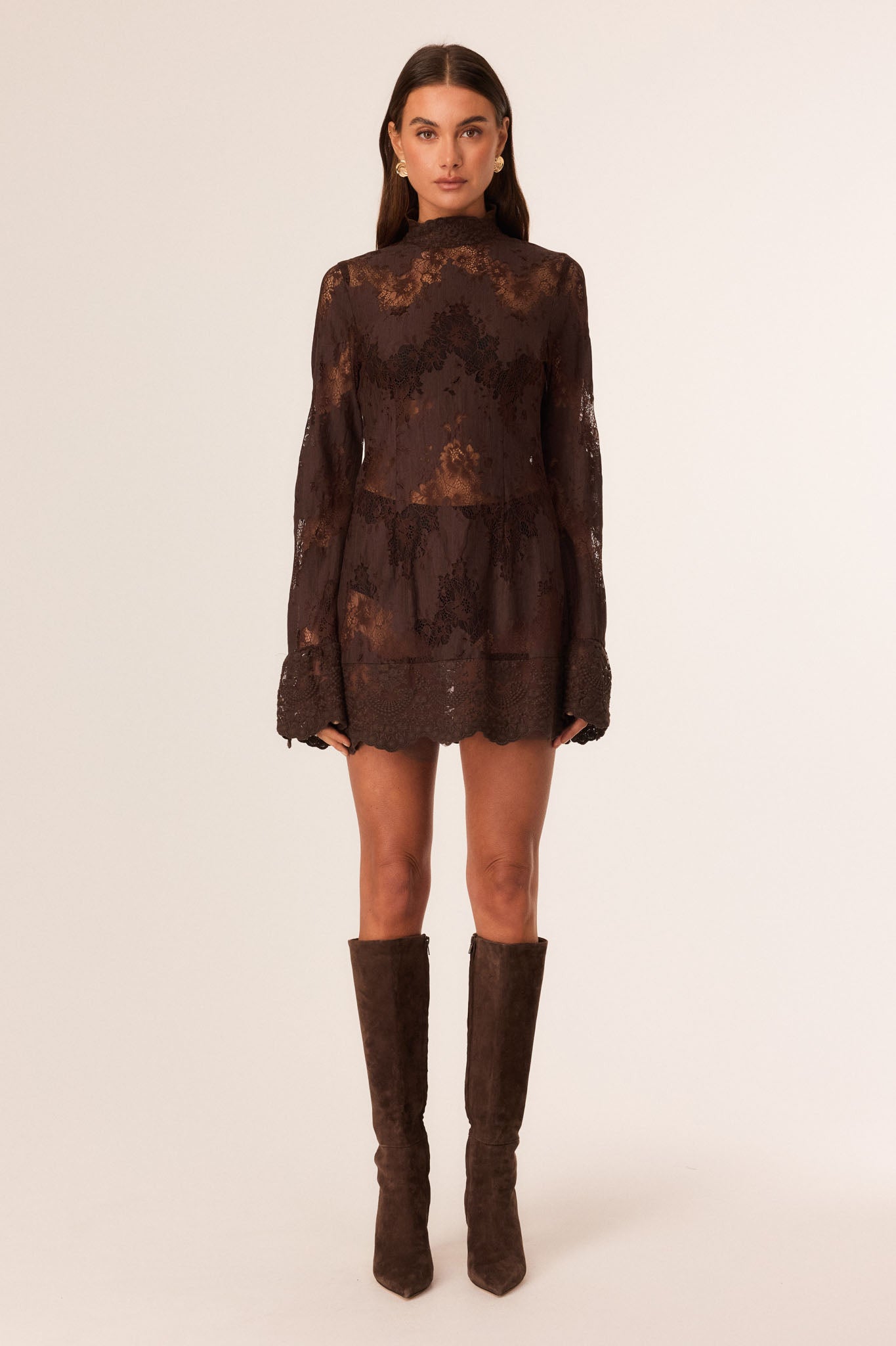 Image of Dresses. Productname: SNDYS ASTRA LACE MINI DRESS in Chocolate colour by brand - SNDYS