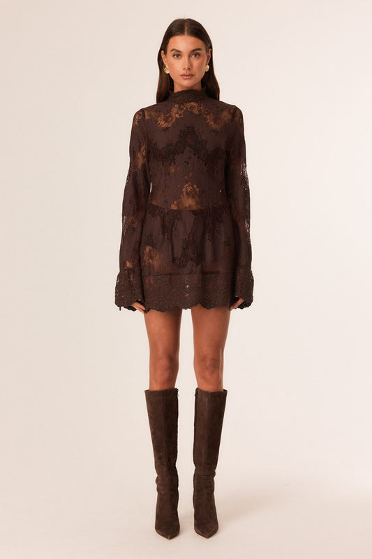 Image of Dresses. Productname: SNDYS ASTRA LACE MINI DRESS in Chocolate colour by brand - SNDYS