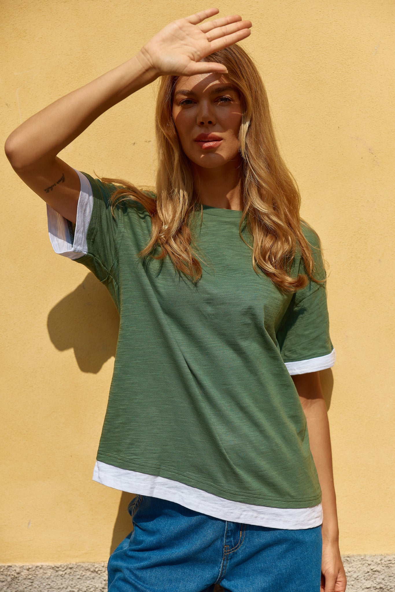 Image of a model wearing Tops. Productname: Betty Basics Boyfriend Tee Green in Green colour by brand - Betty Basics