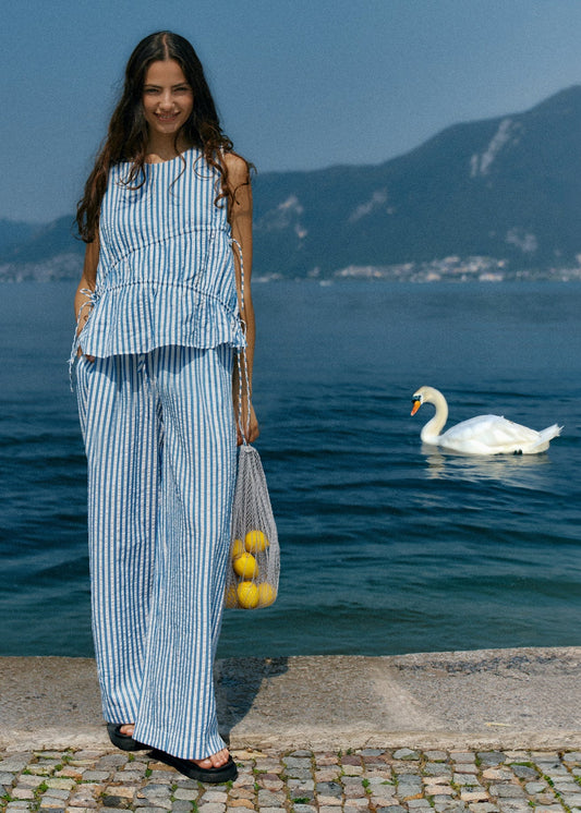 Sass Clothing Aziza Gathered Tie Top (Blue/ White Stripe)