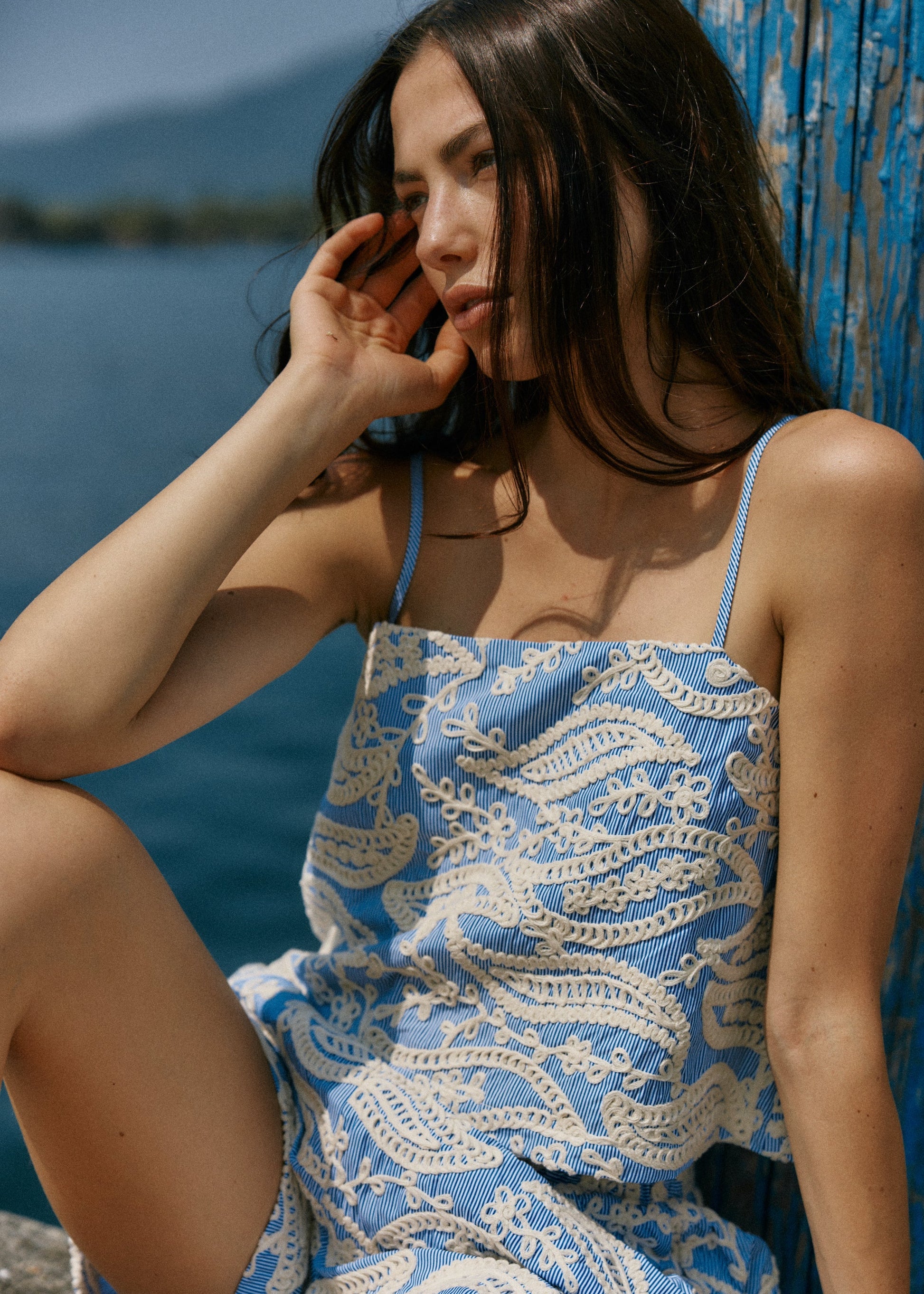 Image of a model wearing Tops. Product name - Kaia Cami Blue/White Stripe in Blue/ White Stripe colour by brand - Sass Clothing