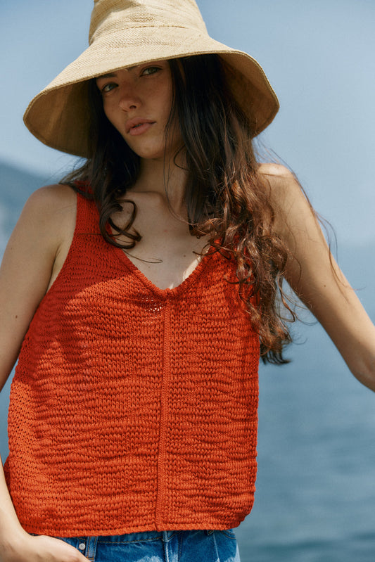 Image of a model wearing Tops. Product name - Penn Knit Top Rust Red in Rust Red colour by brand - Sass Clothing