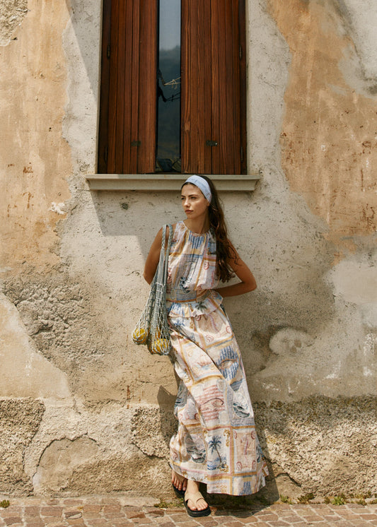 Image of Dresses. Product name - Reo Peplum Maxi Dress Wayfarer Print in Wayfarer Print colour by brand - Sass Clothing