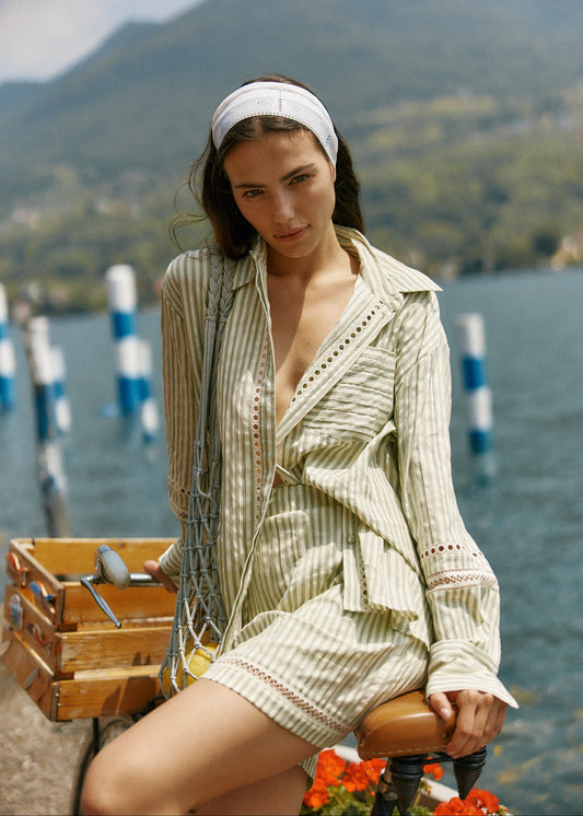 Image of a model wearing Shorts. Product name - Nerida Trim Short Olive Cream Stripe in Olive Cream Stripe colour by brand - Sass Clothing