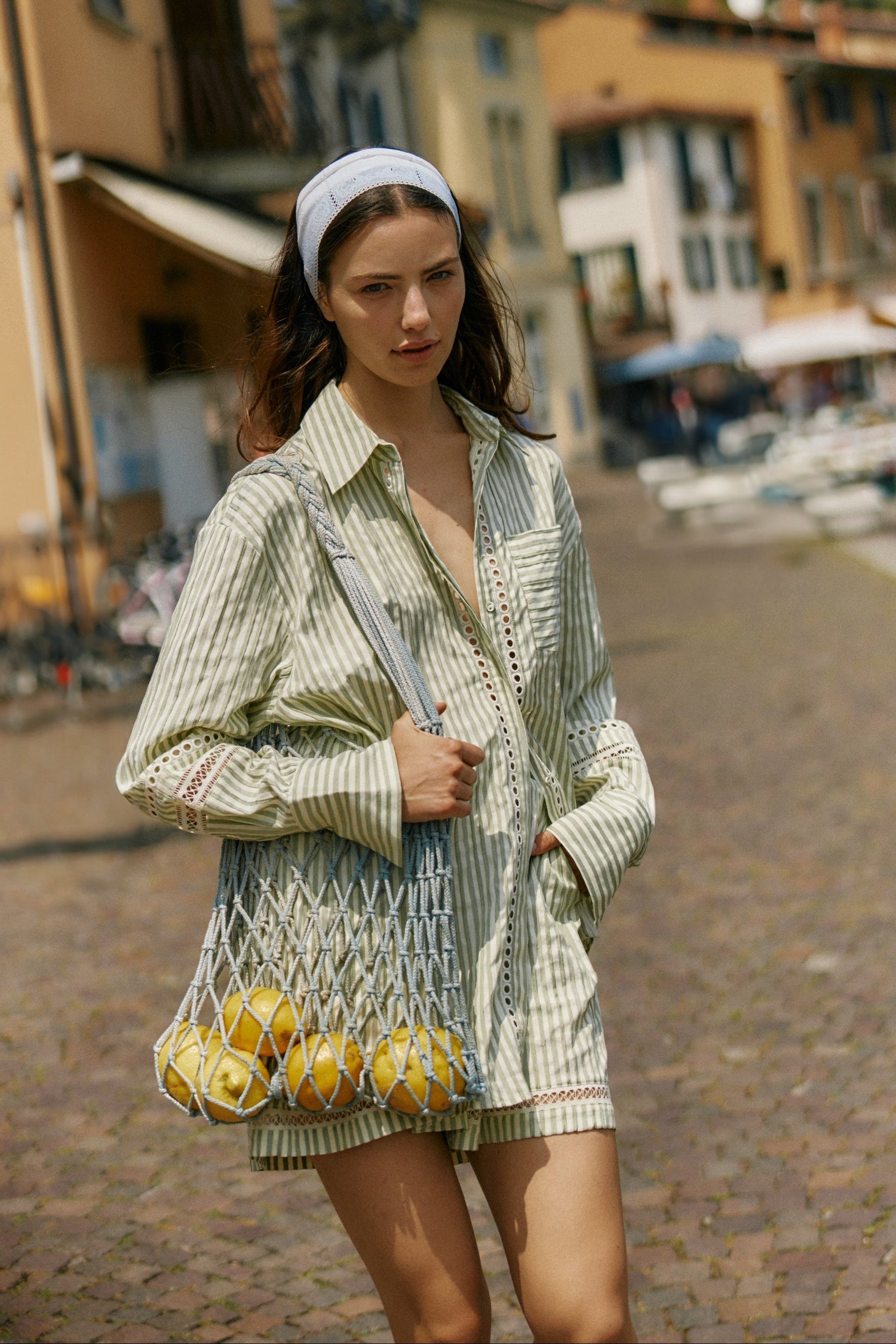 Image of a model wearing Tops. Product name - Nerida Trim Shirt Olive Cream Stripe in Olive Cream Stripe colour by brand - Sass Clothing
