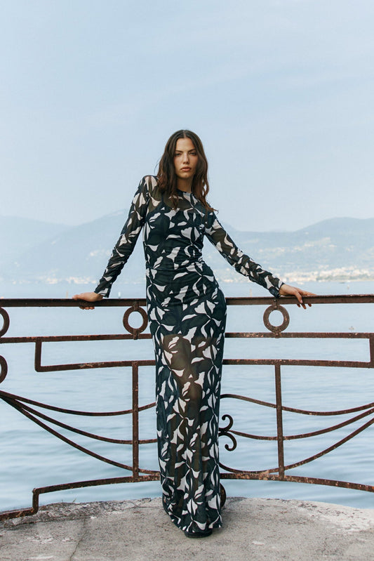 Image of Dresses. Product name - Tarni Mesh Dress Iris Abstract Print in Iris Abstract Print colour by brand - Sass Clothing