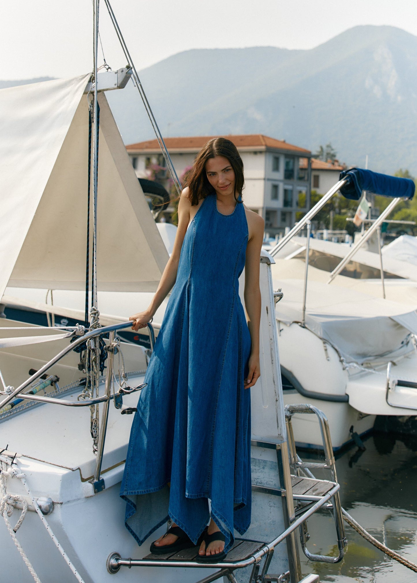 Image of Dresses. Product name - Fernanda Halter Denim Dress Classic Blue Wash in Classic Blue Wash colour by brand - Sass Clothing