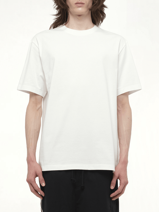 Image of a model wearing Shorts. Productname: Y-3 Graphic Short Sleeve T-Shirt in White colour by brand - Y-3
