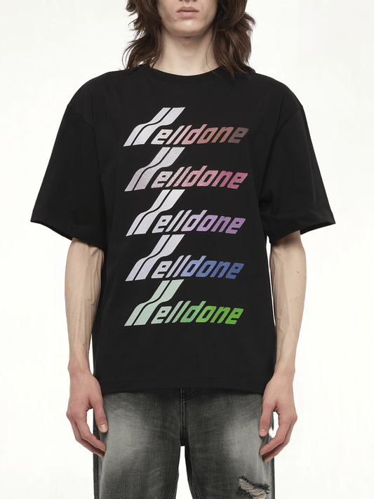 Image of a model wearing Tops. Productname: WE11DONE Multi-Logo T-Shirt in BLACK colour by brand - WE11DONE