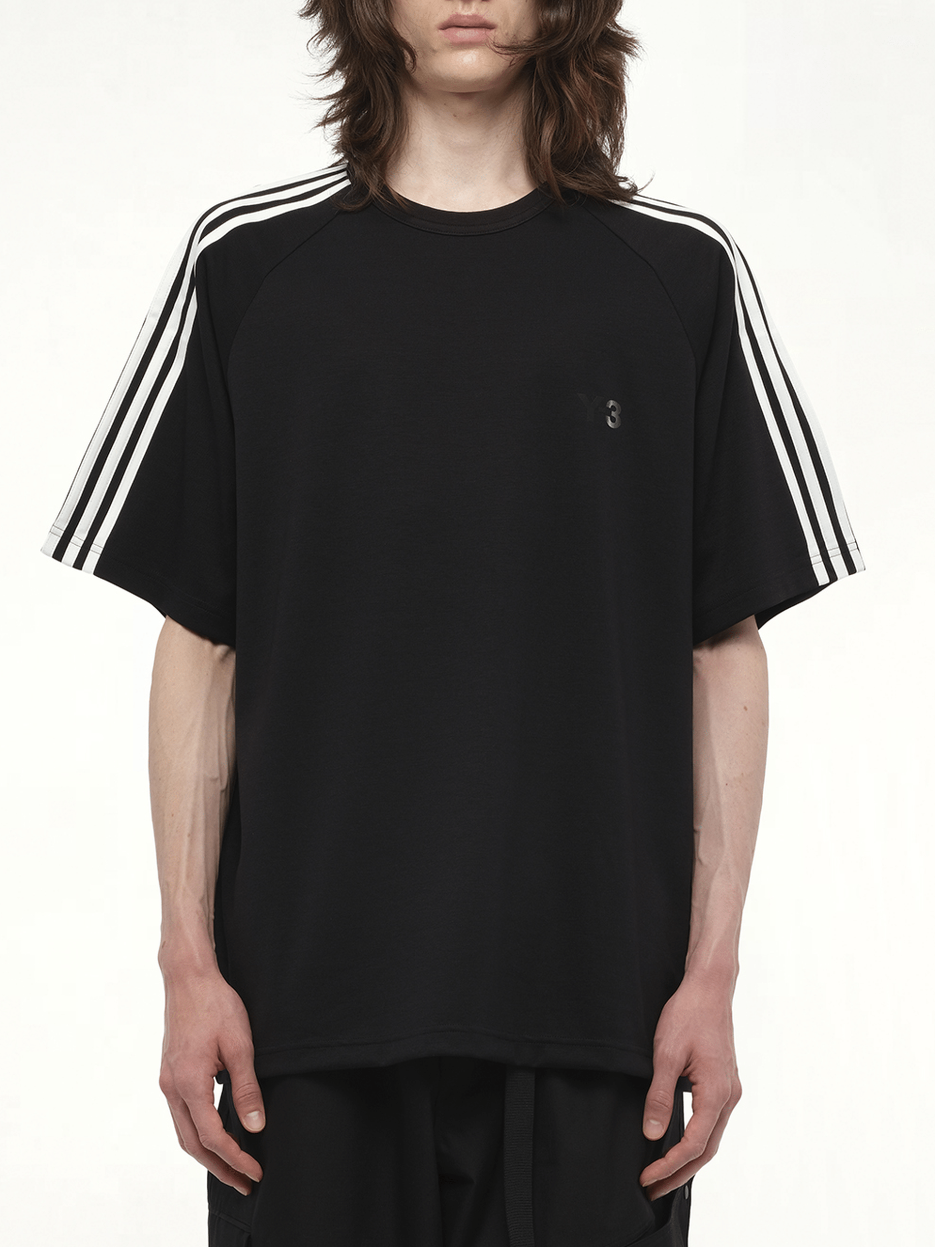 Image of a model wearing Shorts. Productname: Y-3 Short Sleeve T-Shirt 3-Stripes in Black colour by brand - Y-3