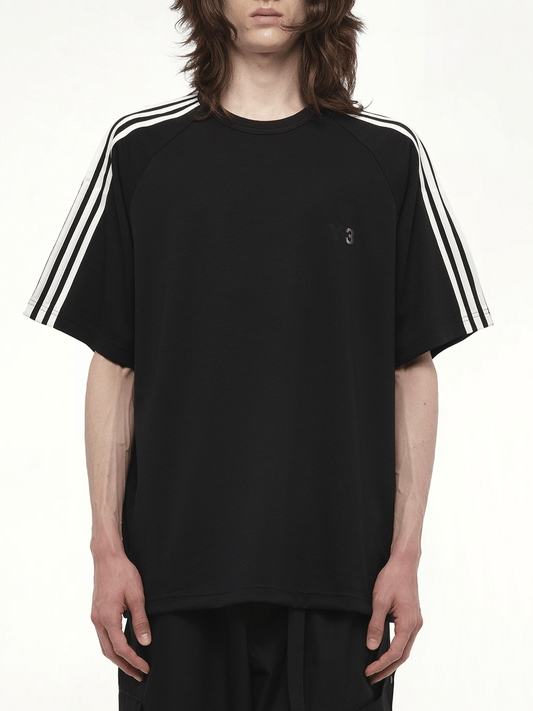 Image of a model wearing Shorts. Productname: Y-3 Short Sleeve T-Shirt 3-Stripes in Black colour by brand - Y-3