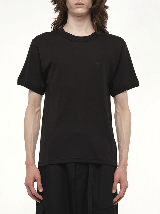 Image of a model wearing Shorts. Productname: Y-3 Slim Short Sleeve T-Shirt in Black colour by brand - Y-3