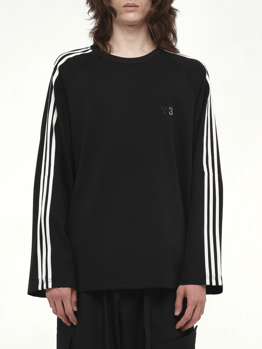 Image of a model wearing Tops. Productname: Y-3 Wire Stripe Long Sleeve T-Shirt in Black colour by brand - Y-3
